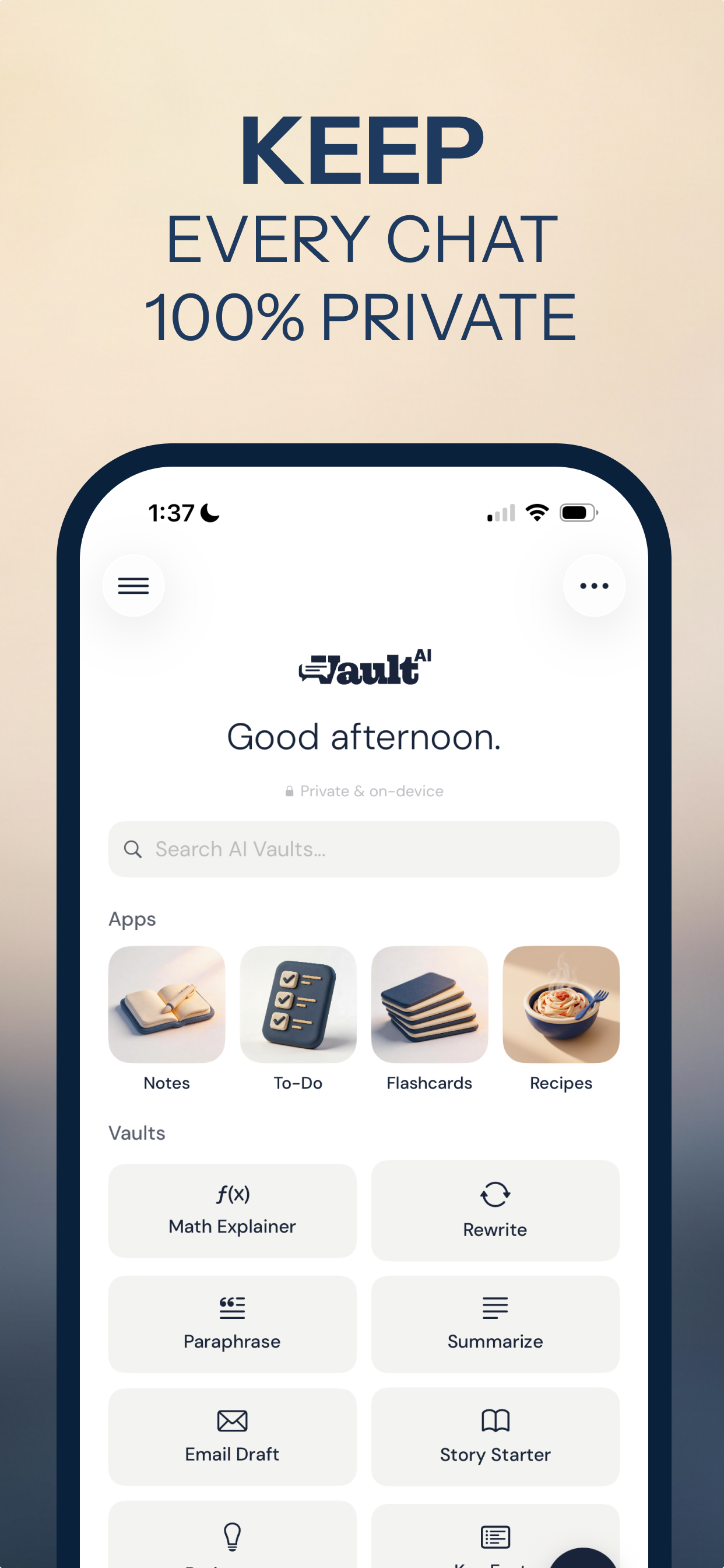 Vault AI home screen: private, on-device, with Notes, To-Do, Flashcards and Recipes