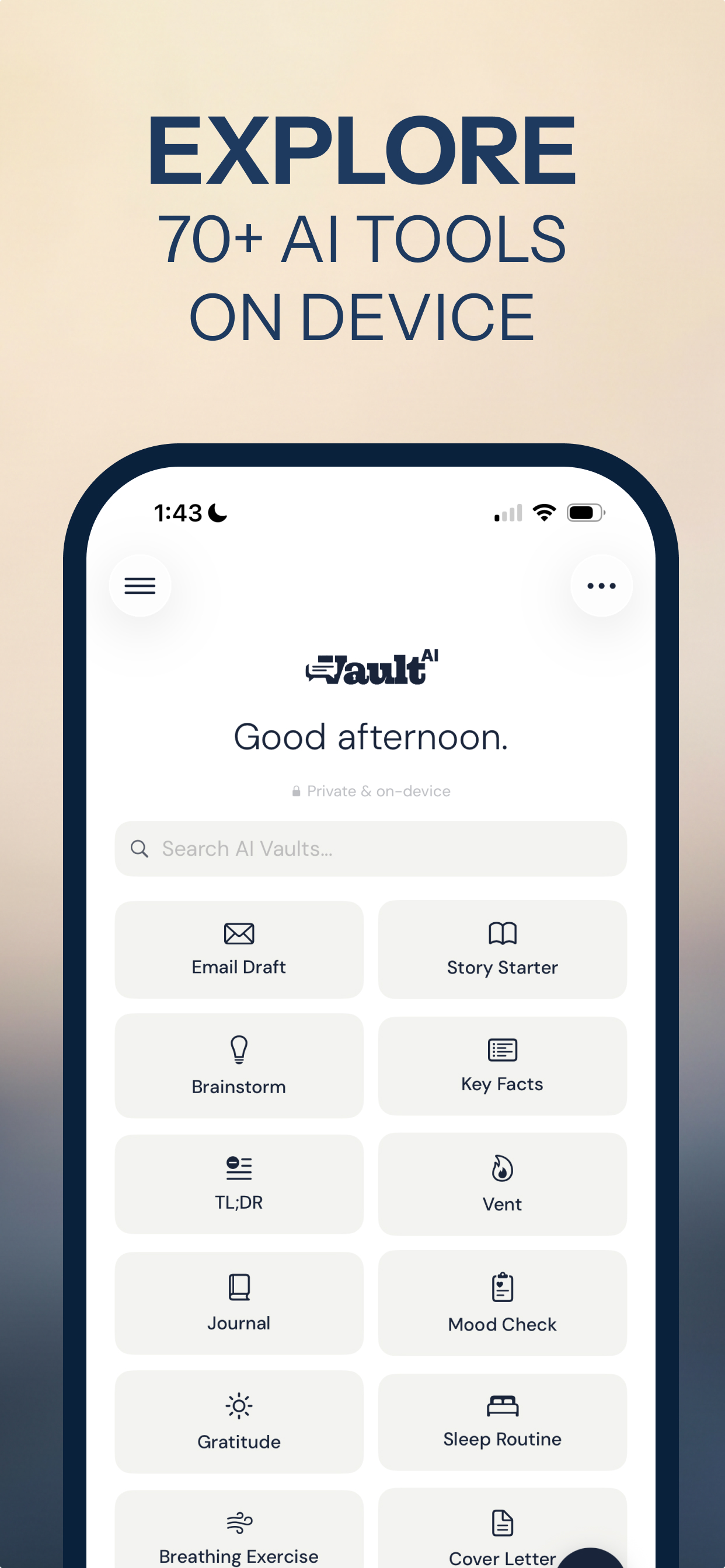 Vault AI grid of 70+ on-device AI tools including Email Draft, Brainstorm and Cover Letter